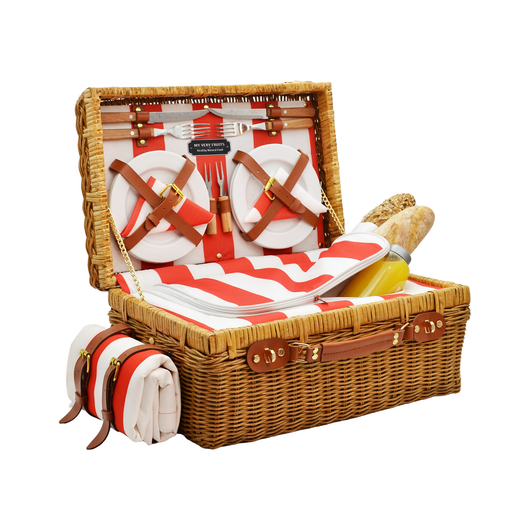 A luxurious Coastal Stripes Picnic Basket made of handcrafted wicker, featuring a red gingham design. It includes four picnic plates, a premium stainless steel cutlery set with wooden handles, two cheese/fruit forks, two napkins, a waterproof picnic blanket (180 cm x 140 cm), and an insulated thermal compartment to keep food and drinks chilled or warm. The basket dimensions are 42 cm (W) x 30 cm (L) x 22 cm (H), and the thermal compartment measures 35 cm (W) x 20 cm (L) x 13 cm (H),with a 9.1-Lt.