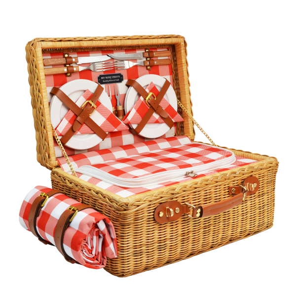 A luxurious Willow Charm Deluxe Picnic Basket made of handcrafted wicker, featuring a red gingham design. It includes four picnic plates, a premium stainless steel cutlery set with wooden handles, two cheese/fruit forks, two napkins, a waterproof picnic blanket (180 cm x 140 cm), and an insulated thermal compartment to keep food and drinks chilled or warm. The basket dimensions are 42 cm (W) x 30 cm (L) x 22 cm (H), and the thermal compartment measures 35 cm (W) x 20 cm (L) x 13 cm (H),with a 9.1-Lt.